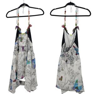 Y2K White Butterfly Halter Tunic Top Sz M Beaded Sharkbite Sheer Flowy Fairycore